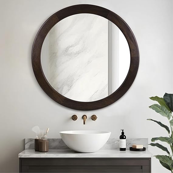 Round Mirrors 24 Inch,Wood Vanity Wall Rustic Mirror with Wood Frame, Wooden Circle Mirror for Bathroom Bedroom Living Room Or Entryway(Dark Walnut Brown)