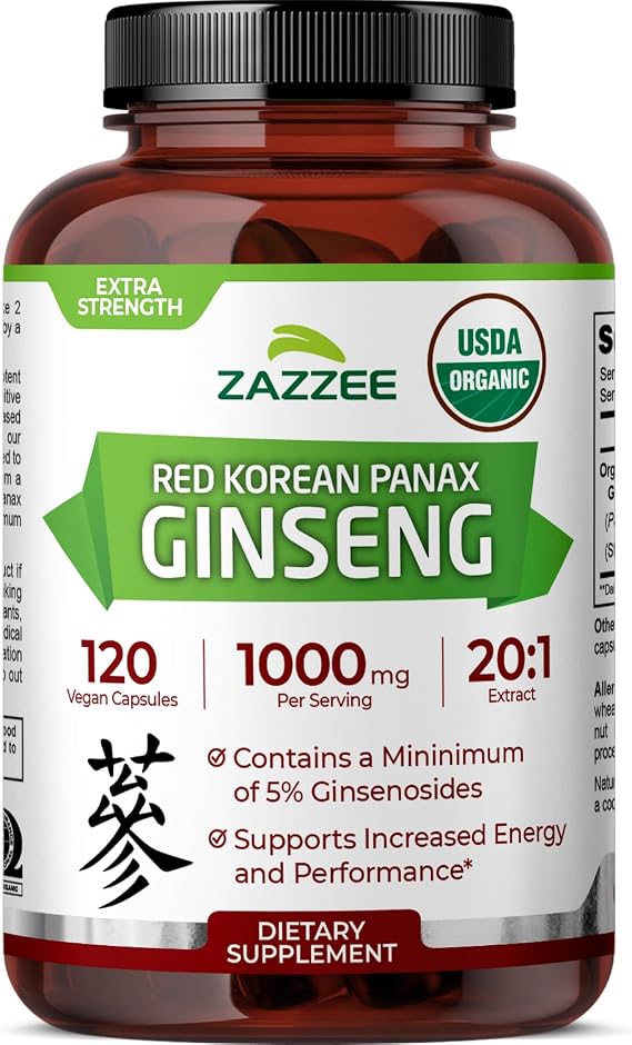 Zazzee USDA Organic Red Korean Panax Ginseng 20:1 Extract, 120 Capsules