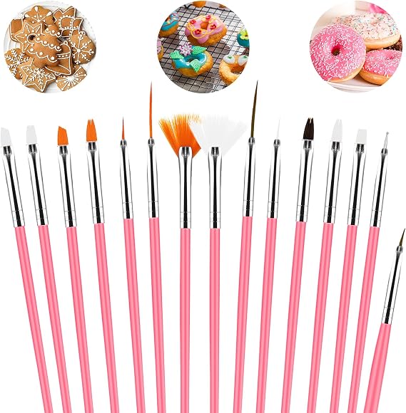 Aster 15Pcs Cake Decorating Brushes, Cake Painting Brushes Kit Food Safe Paint Brushes Fondant Sugar DIY Tools Set Cookie Decorating Supplies Candy Icing Pastry Brush for Baking(Pink)
