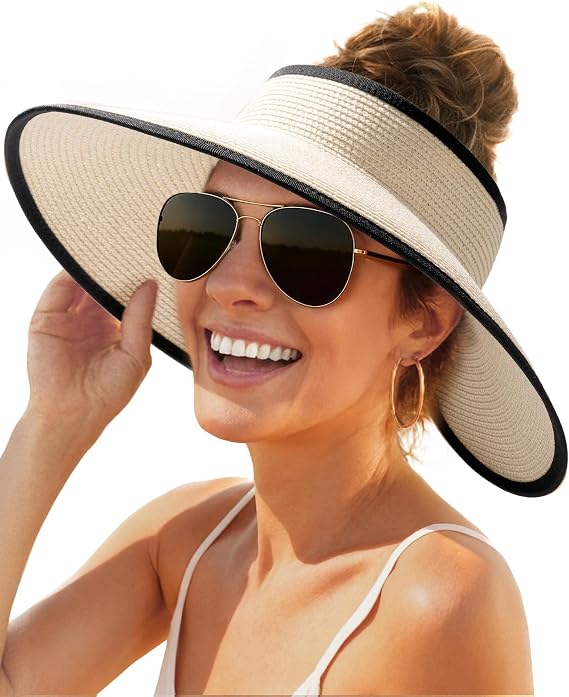 FURTALK Womens Sun Hat with Ponytail Hole Wide Brim Beach Straw Visor