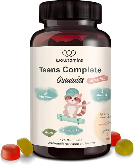 wowtamins Teens Complete Sugar-Free - Vitamins for Teenagers (30 Day Supply) - Multivitamin Gummies with Omega 3 - Dietary Supplement for the Immune System with Vitamin C D3 B12 Zinc & More