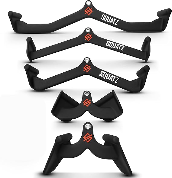 SQUATZ Pulldown Attachments, T-bar, V-bar, Pulley Cable Attachments, Bicep Curl, Tricep LAT pulldown Bar, Mag Grips, Back Strength Training Rubber Coated Handles for Comfort and Grip