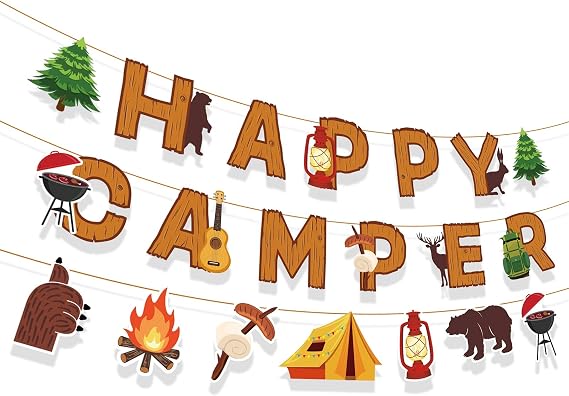 Happy Camper Banner, Camping Adventure Party Sign, Camp Out Theme Decorations, Campout Boy Girl Kids Baby Shower Supplies, 1st Bday Decor