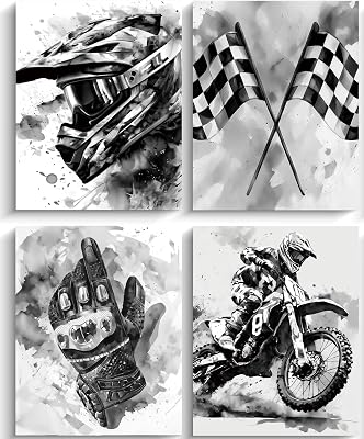 Motocross Wall Art Prints,Black and White Motocross Posters Artwork Racer Sports Pictures Graffiti Helmet Motocross Rider Painting for Boys Teen Man Cave Home Decor Set of 4 8x10 Unframed