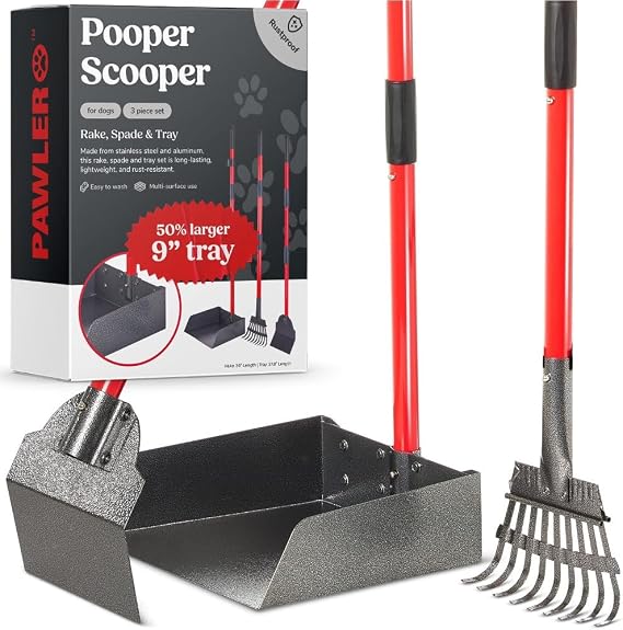 Pooper Scooper for Dogs, Heavy Duty Long Handle Rake, Spade & XL Tray | Rustproof Aluminum Poop Scooper for Large Dogs, 36+" Handles and 9W 9.5L Extra Large Tray for Yard, Grass, Dirt & Gravel