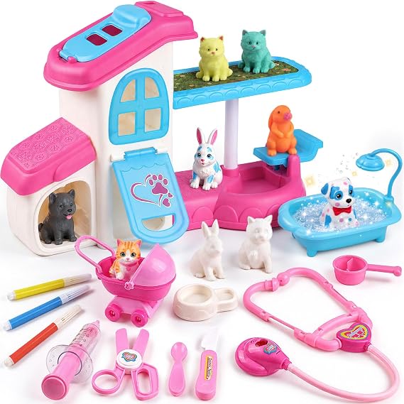 TUZT Pet Care Vet Playset Pretend Play Toys for Kids Toddlers, Pet House with Dog Cat Rabbit Figurines & Vet Toys & Coloring Animal Craft Kit, Christmas Birthday Gift for Girls 3 4 5 6 7 8 Years Old