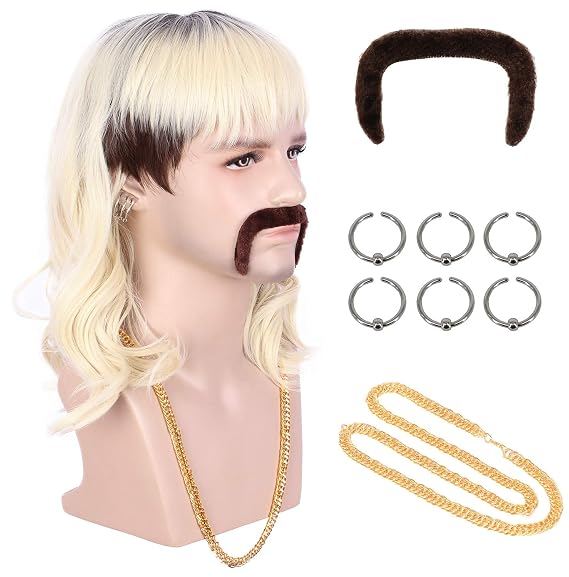 karlery Adult Men 70s 80s Rocker Mullet Wig Long Wave Beige Blonde Dark | Root Mutsache Wig with 6 Earrings and Golden Necklace Halloween Costume Cosplay Wig