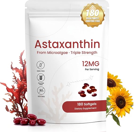 Astaxanthin 12mg Supplement, 180 Softgels, 6 Month Supply