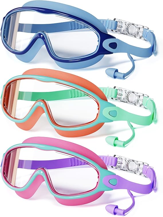 3 Pack Swimming Goggles, Kid Goggles with Earplugs Large Frame Anti-Fog/UV Wide View Swim Goggles Boys Girls 6-14