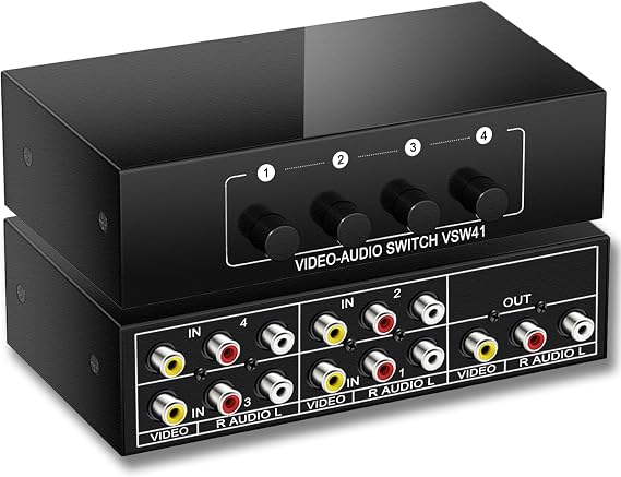 RCA AV Switch 4 in 1 Out Composite Video Switcher L/R Audio Selector Box