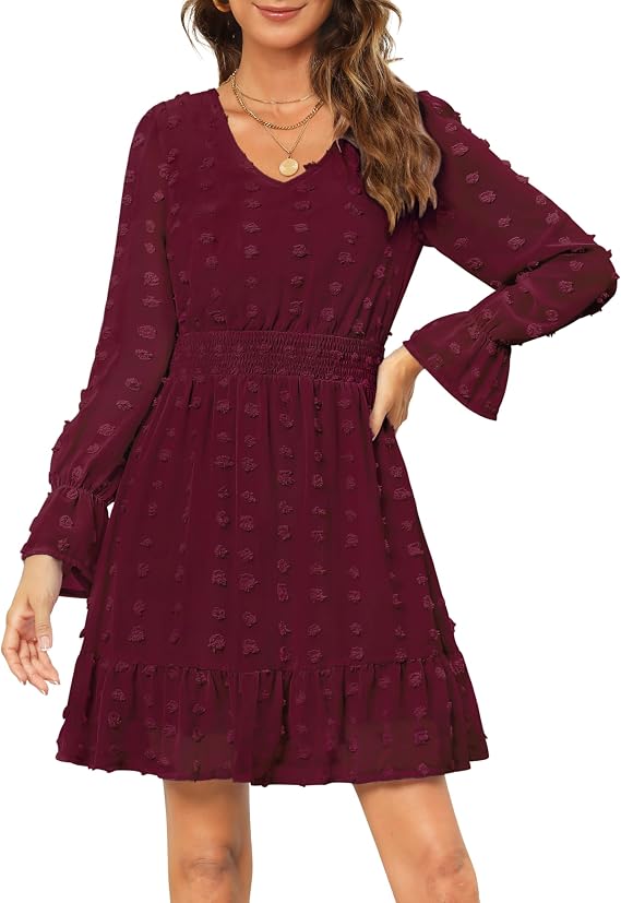 Annebouti Womens 2024 Long Sleeve Mini Dress Fall Casual Flowy Swiss Dot Smocked V Neck Babydoll Dress