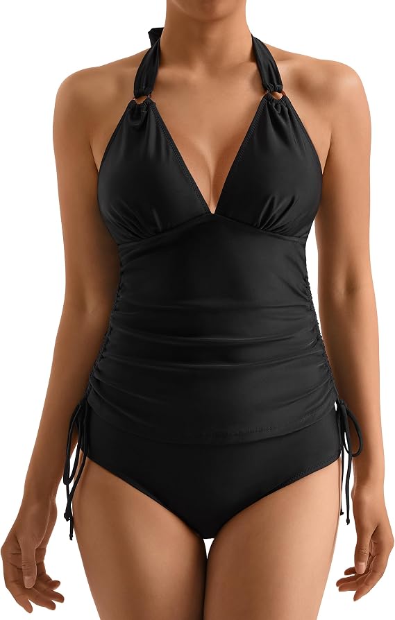 MOOSLOVER Women Halter Plunging Tankini Swimsuits High Waisted Two Piece Bathing Suits Swimwear
