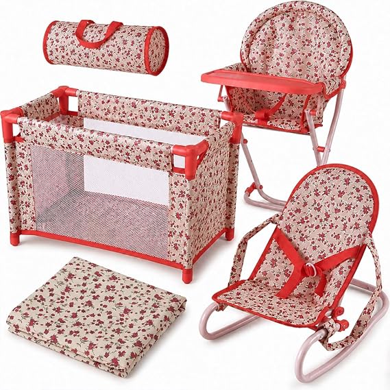 Floral Baby Doll Accessories Set, 3-1 Baby Doll Crib, Baby Doll High Chair & Bouncer Seat. 18 inch Doll Accessories with Doll Bed. 18" Dolls Furniture Play Stuff. Toys for Girls Ages 3-5,4-6,5-7,8-10