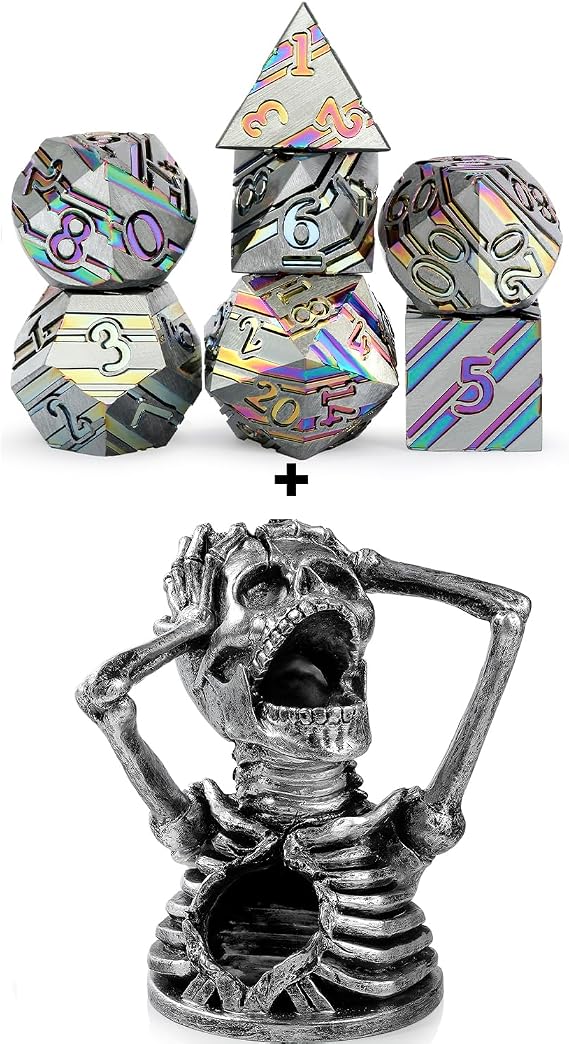DNDND Rainbow Strip Metal Dice and Skull Dice Tower