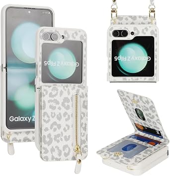 Cavor for Samsung Galaxy Z Flip 5 Case Wallet with for Women,Galaxy Z Flip 5 Phone Case with Strap,Crossbody Lanyard Card Holder Stand,PU Leather Zipper Pocket Cover-Leopard White