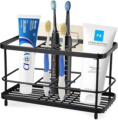 Toothbrush Holders for Bathrooms, 7 Slots Stainless Steel Toothbrush Toothpaste Holder, Bathroom Accessories Organizer Accessories with Tray for Countertop & Sink Black