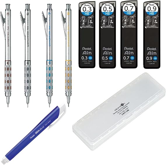 Four Mechanical Pens Set - 0. 3mm, 0. 5mm, 0. 7mm & 0. 9mm, with Ain Stein Refill Leads, Ain Clic Retractable Pen-type Triangle Eraser and Lihit Lab White Pencase