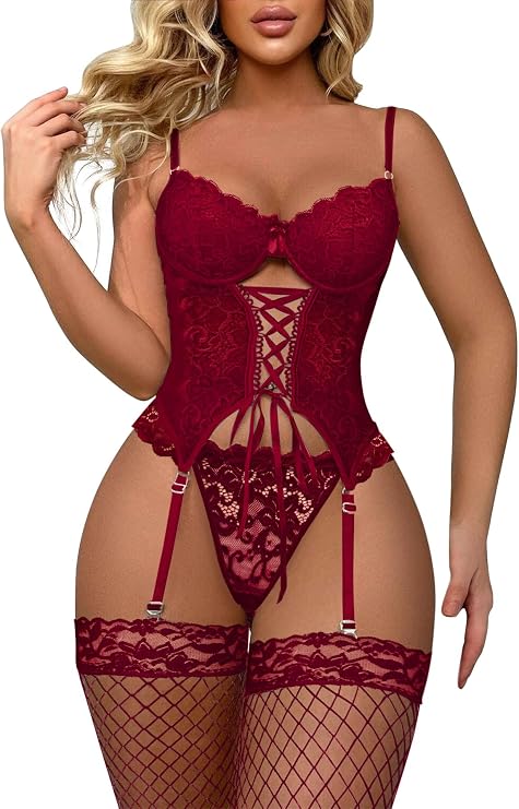 Lilosy Sexy Lace Push Up Corset Garter 3 Piece Lingerie Set