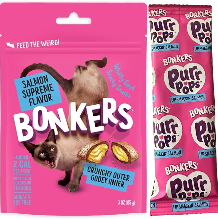 Bonkers Cat Treats, Salmon Supreme Flavor, Crunchy Outer Gooey Inner, 3 oz with Salmon Purrpop