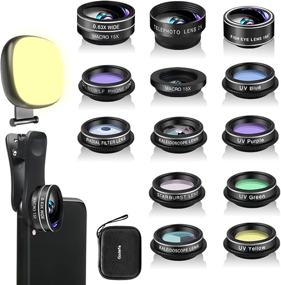 Godefa Phone Camera Lens Kit, 14 in 1 Lenses with Selfie Ring Light for iPhone Xs, Xr,8 7 6s Plus, Samsung and other Andriod Smartphone, Universal Clip on Wide angle+Macro+ Zoom Camera Lenses and More