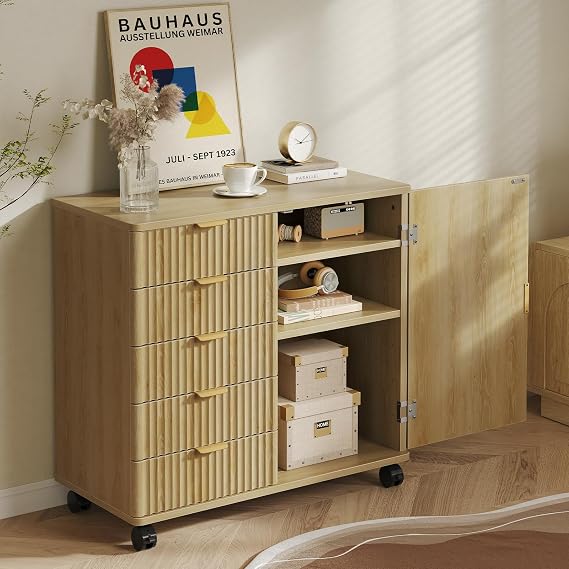Bestier Office Storage Cabinet with 5 Drawer Adjustable Shelf, Oak