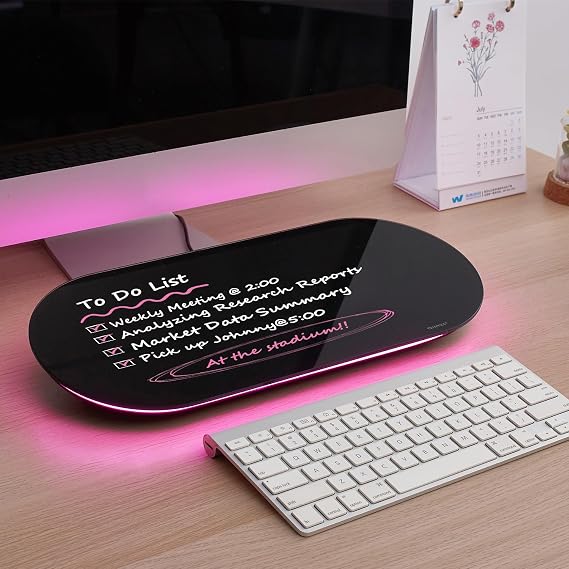 TSJ OFFICE Glass Desktop Whiteboard - 17 X 7 Inches Black Board Pink Light | Glass Surface/Notepad with 1 Drawer/ Desk Organizers/ for Office, Home, School Supplies