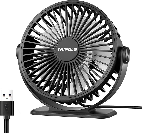 TriPole USB Desktop Fan, Quiet, 2025 Small Fan, USB Powered, 360° Adjustable Angle, 3 Level Air Flow Adjustment, Powerful Fan, Mini Fan, USB Fan, Desk Fan, Heatstroke Protection, For Office, Home