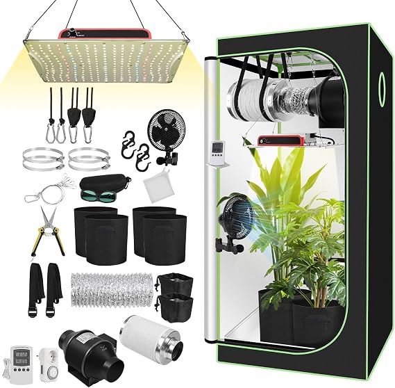 Grow Tent Complete Set 80 x 80 x 160 cm with 200 W Flat LED Grow Lamp Ventilation Set and Activated Carbon Filter Full Spectrum Hydroponics