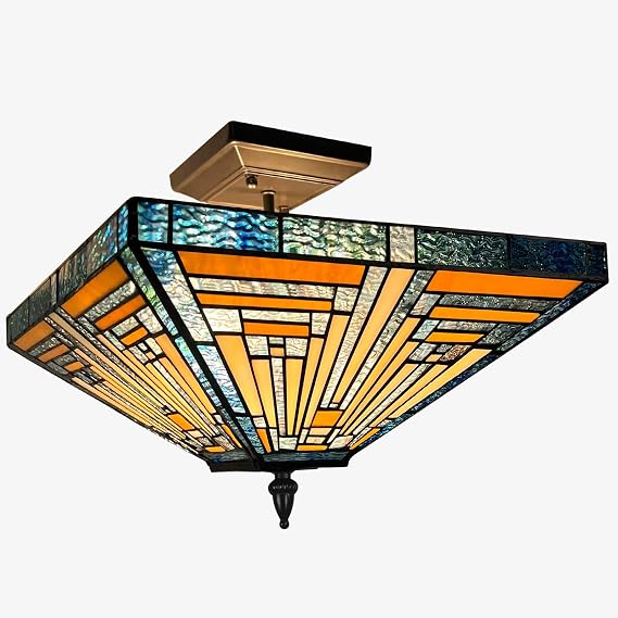 Capulina Tiffany Lamp Blue Amber Stained Glass Semi Ceiling Light 2-Light