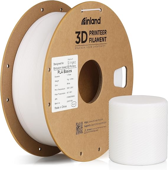 Inland PLA Basics Filament 1.75mm, 1kg Spool Dimensional Accuracy 0.02mm, Neatly Wound, Fits Most FDM 3D Printers (White, 1 Pack)