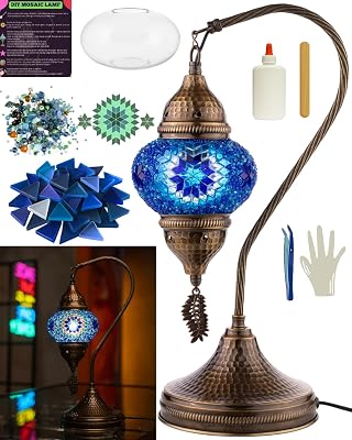 DEMMEX DIY Turkish Mosaic Lamp Making Kit No Grout Needed Fun, Easy, No Experience Required Complete Mosaic Art & Craft Project Kit for Adults & Teens Make Your Own Table Lamp Blue