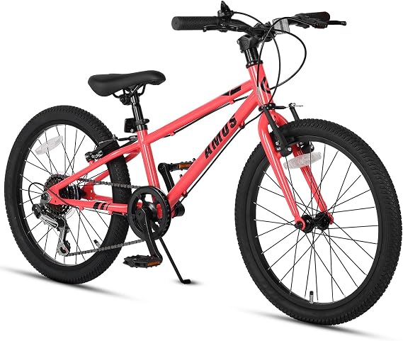 GlercAMOS Children's Mountain Bike 20 Inch Kids MTB Elementary School 7 Years 8 Years 9 Years Boys Cool Bike with Kickstand Fat Tires Chain Guard Shimano 6-Speed Gear Red