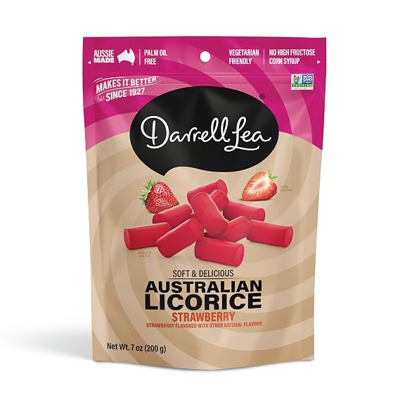 Darrell Lea Soft Australian Licorice, Non-GMO, No Palm Oil, Vegetarian Friendly, No High Fructose Corn Syrup, Soft & Chewy Licorice Candy, Made in Australia (Strawberry, 7 Ounce (Pack of 1))
