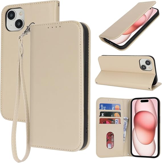 for iPhone 15 5G Phone Case Wallet with Strap,6.1",Apricot | Wrist Strap,Wallet Case,Card Holder,Cash Pocket,PU Leather,Magnetic,Kickstand