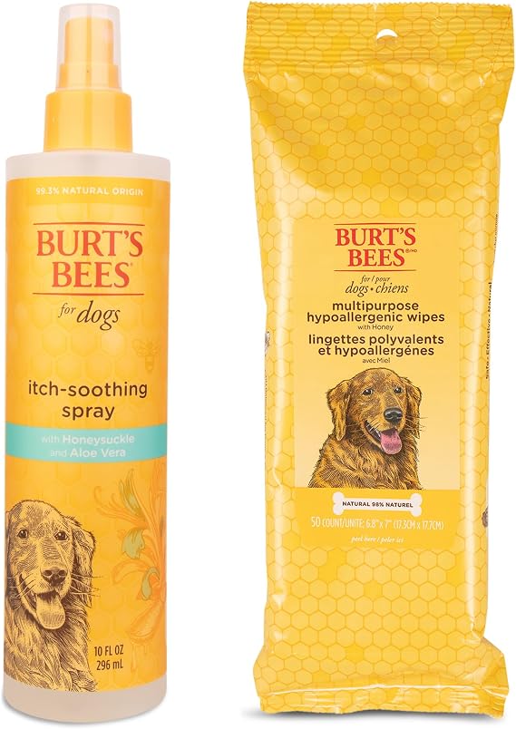 Burt's Bees for Pets Itch Soothing Spray with Honeysuckle & Multipurpose Dog Wipes with Honey | Natural Dog Spray for Itchy Skin & Hypoallergenic Dog Wipes for Cleaning Paws & Coat | 10 Fl Oz & 50 Cou