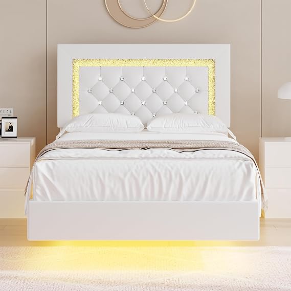 BarnFurin Twin Size Floating Bed Frame with LED Lights, Upholstered Platform Bed Frame with Headboard, Noise Free, No Box Spring Needed, Easy Assembly, White