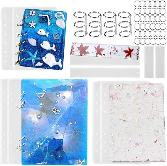 Tomorotec 2 Sets of Note Book Cover Resin Molds - Clear Casting Epoxy Resin Molds for A6, A5, A7 with 40 Book Rings and 2 Bookmarks