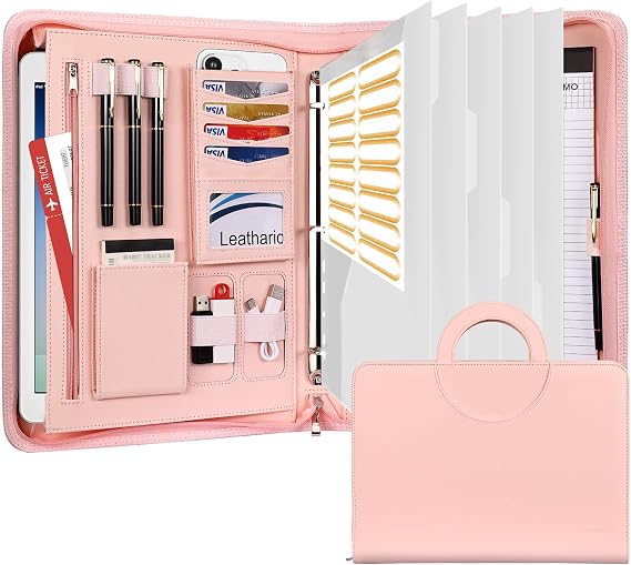 Leathario Portfolio Binder, Includes 5 Folder Index Dividers, 13 Inch Tablets Organizer with Handle, Vegan Leather A4 Padfolio, Multi-Pocket Notepad Business Planner Professional Document