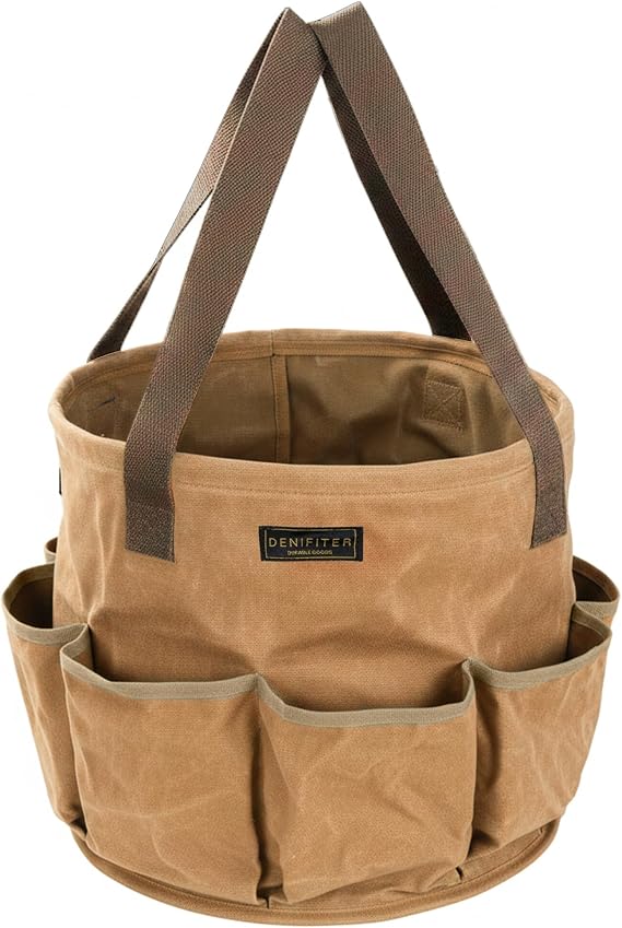 Heavy-Duty 16oz Waxed Canvas Garden Tool Tote with Handle, Wide-Mouth Open Top Design 14 inch Tool Bag | Khaki