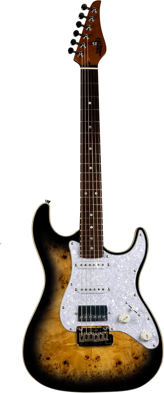 JS450 QTBR Strat Guitar, HSS Alnico pickups, solid basswood body with spalted top, 22 frets rosewood fingerboard roasted maple neck, locking tuners, 2 point tremolo