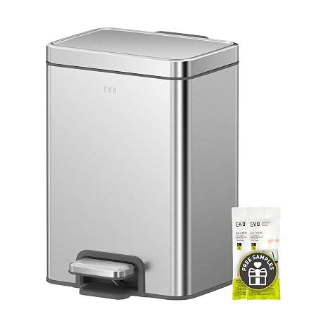 EKO Madison Brushed Stainless Steel 1.6 Gal/6L Bathroom Small Step Trash Can or Recycling Bin, Removable Inner Liner, Soft Close Lid, Fingerprint Resistant Finish