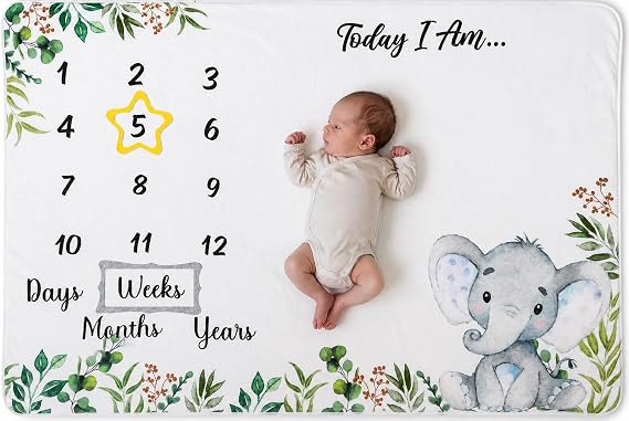 Baby Milestone Blanket, 60" x 40", Monthly Baby Photo Prop for Girls & Boys, First Year Growth Tracker with Milestone Markers, (Light Gray Elephant)