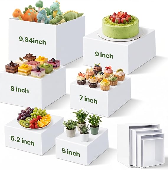 Buffet Risers 6 Pcs 5x6x7x8x9x10 Inch Food Cake Display Riser w/ Signs a Pen Acrylic Catering Dessert Jewelry Figures Collectible Table Decor Fruit Bread Container Display Stand Cube Shelf Storage Box