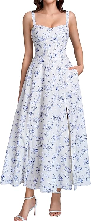Women Floral Corset Midi Dress Lace Up Flowy A Line Slit Long Sundress Summer Casual Tea Party Dresses with Pockets