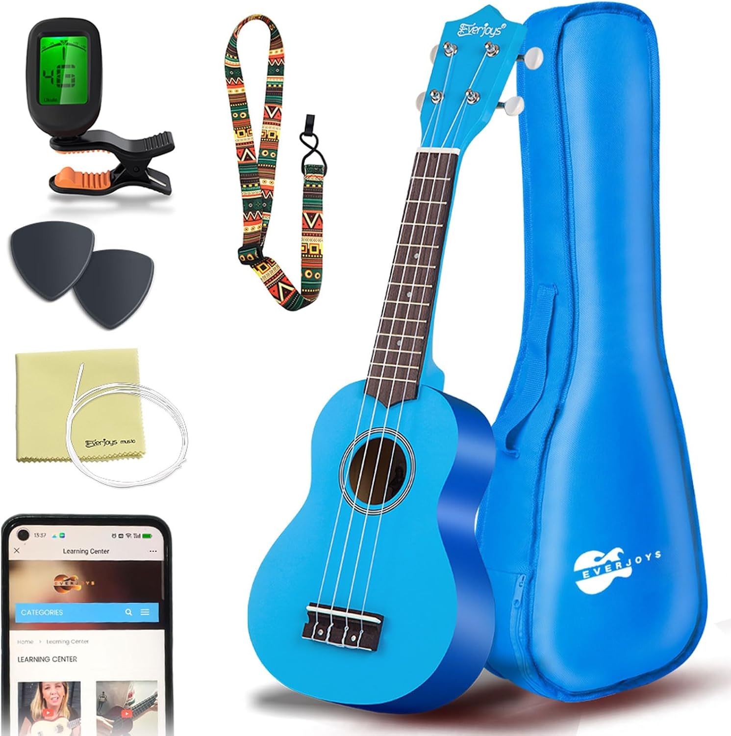Everjoys Soprano Ukulele Set for Children and Adults 53 cm Ukulele Starter Kit with Bag Tuner Songbook Strings Pick & Polishing Cloth blue