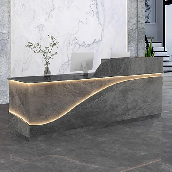 Modern Reception Desk for Office, Reception Counter Table, Front Desk Reception, Office Counter Table Engineered Wood with Light Strips for Beauty Salons(Gray Texture,140cm)