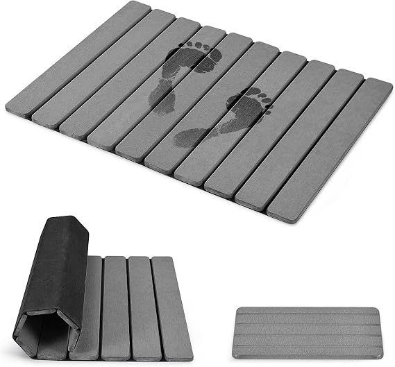 Stone Bath Mat for Bathroom, Quick-Dry Diatomaceous Earth Stone Drying Mat for Bathroom, Foldable Non-Slip Rubber Base, Shower Mat Outside Shower, Easy to Store, Easy to Clean (Gray 24"16" & 8"x4")