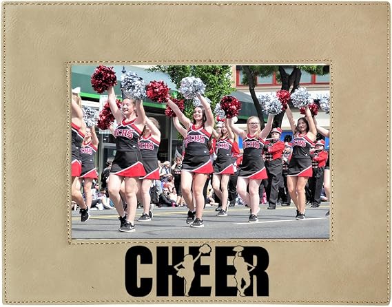 CustomGiftsNow Cheer Cheerleading Laser Engraved Leatherette Faux Leather Hanging/Tabletop Personalized Sports Landscape 8x10 Team Competitions Group Family Photo Picture Frame, Light Brown