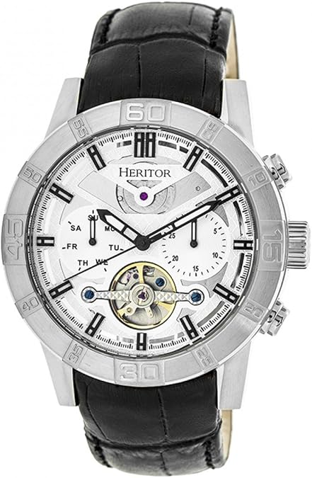 HERITOR Hannibal Automatic Watch for Men 44mm Mens Semi-Skeleton Watch with Jeweled Automatic Movement, 316L Stainless Steel Case, Sapphire-Coated Mineral Crystal, Leather Strap (HERHR4101)