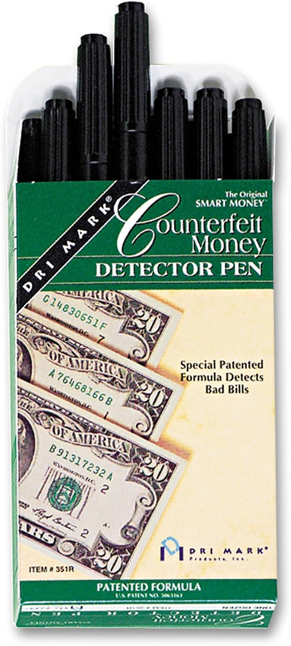 Dri Mark 351R1 Counterfeit Bill Detector Marker Pen - Made in The USA 3 Times More Ink, Pocket Size, Fake Money Checker, Money Loss Prevention Tester & Fraud Protection for U.S. Currency (Pack of 12),Black